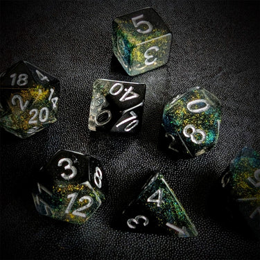Layered Black & Clear with Shimmer Resin - 7pcs RPG Full Dice Set